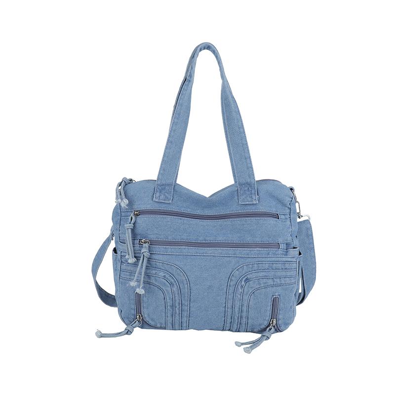 Gewaschene Denim-Umhängetasche mit mehreren Taschen und oberem Griff, verstellbarem Riemen, lässige Tragetasche für den täglichen Gebrauch