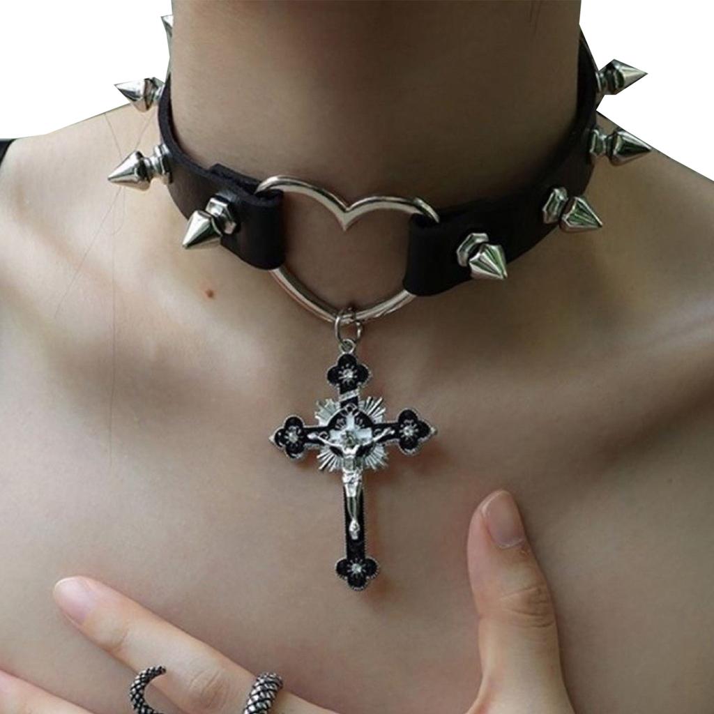 thumbnail image 2 of TISDA Gothic Rivet Leather Choker - Spiked Heart Necklace Collar, Punk Vintage Style 2 of 14