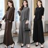 2 Pcs/Set Culottes Top Suit Round Neck Irregular Hem Long Sleeve Blouse Solid Color High Waist Wide Leg Deep Crotch