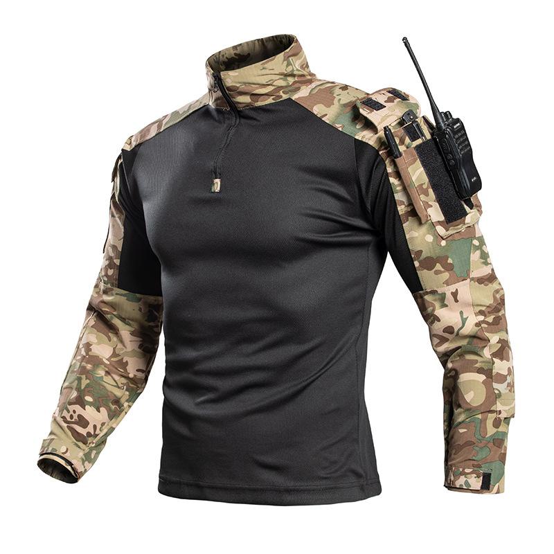 Summer Long Sleeve Frog Camo Shirt Tactical Outdoor Top Stand Collar Athletic T-Shirt Lightweight Breathable Men