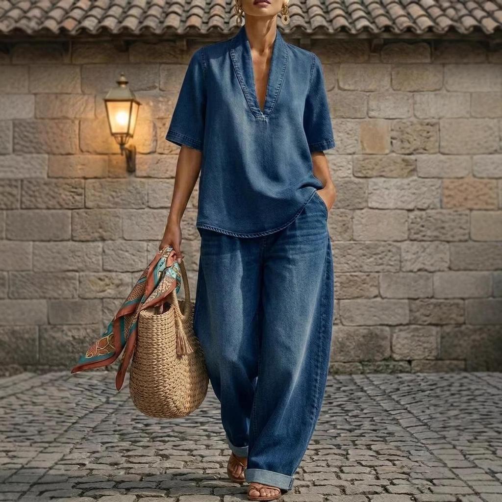 2026 Europäisches & Amerikanisches Sommer Damen Minimalistisches Denim Zweiteiler-Set - Locker, Lässig, Einfarbige Farbe, Bequemer Stil