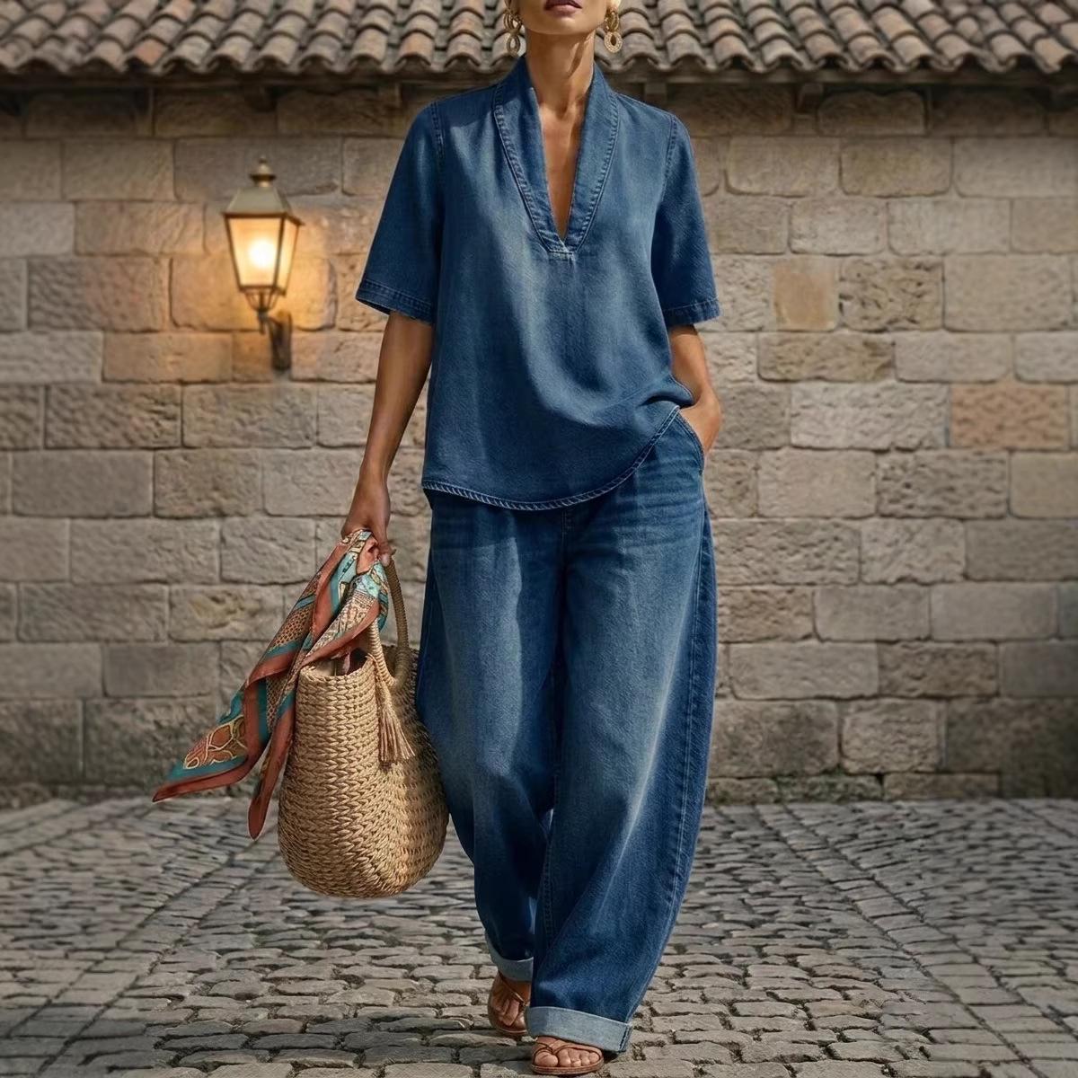 2026 Europäisches & Amerikanisches Sommer Damen Minimalistisches Denim Zweiteiler-Set - Locker, Lässig, Einfarbige Farbe, Bequemer Stil M blau