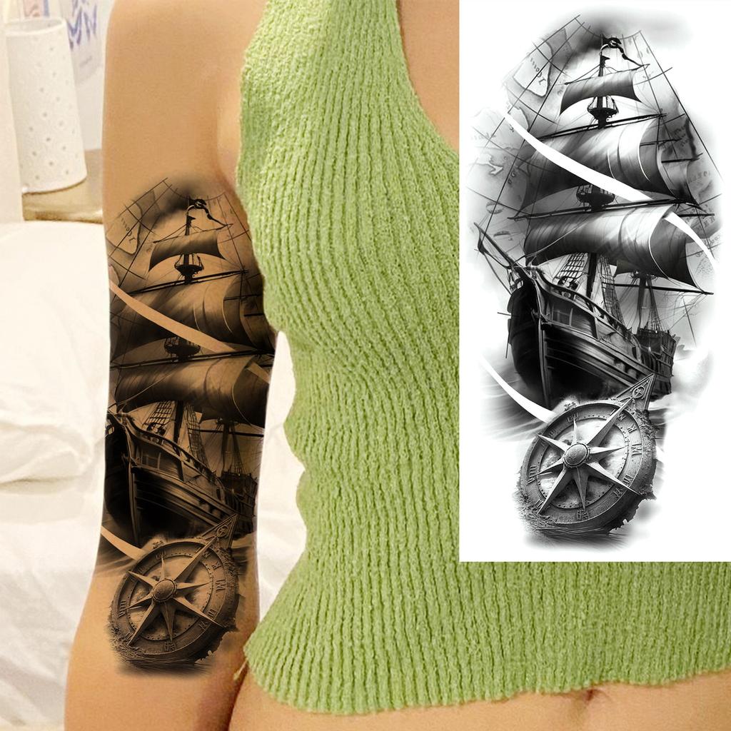 1 Sheet Compass Pirate Ship Temporary Tattoos For Women Men Adults Waterproof Tattoo Sleeve Self Adhesive Forearm Arm Leg Body