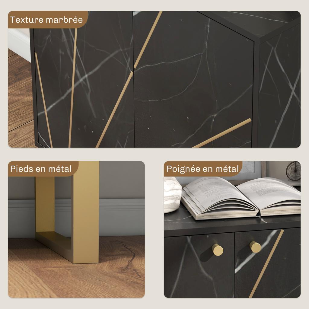 Storage Sideboard with 2 Doors and Adjustable Shelf Metal Legs 76 X 35 X 77 Cm Black Marble Tone