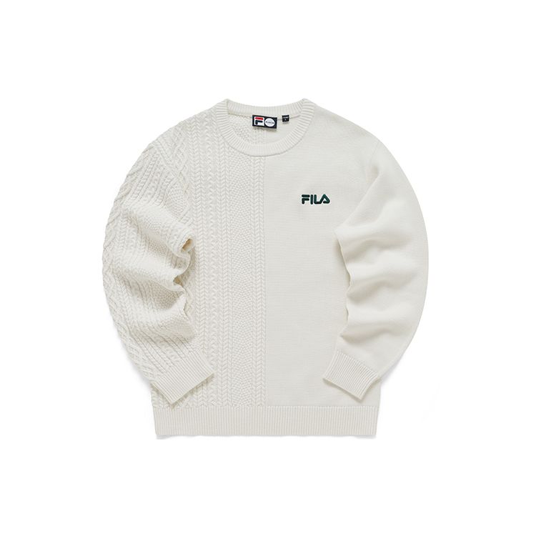 Fila Fusion Embroidered Logo Solid Color Loose Knit Pullover Sweater Men sweater White T11M213404F-WT