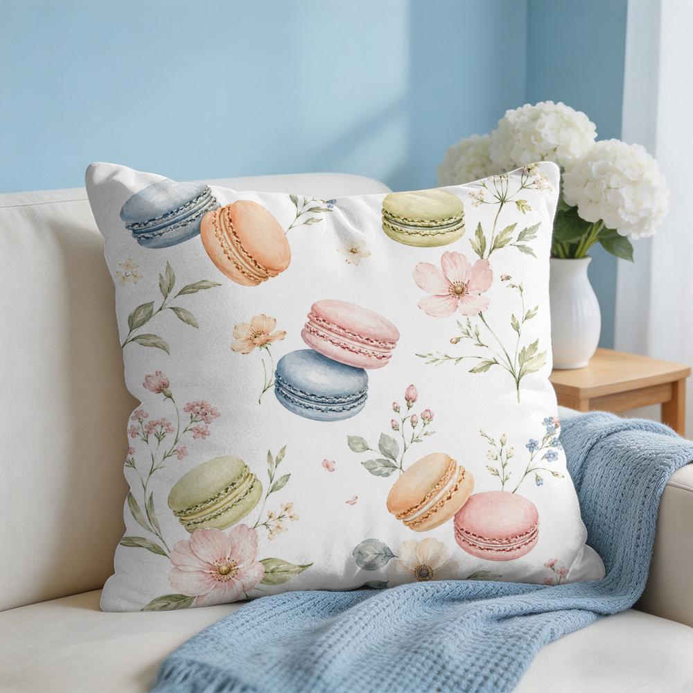 Macarons and Floral Cushion Cover Short Plush Soft DoubleSided Printing Pillow Case Cozy Sofa Bedroom Home Decor Gift