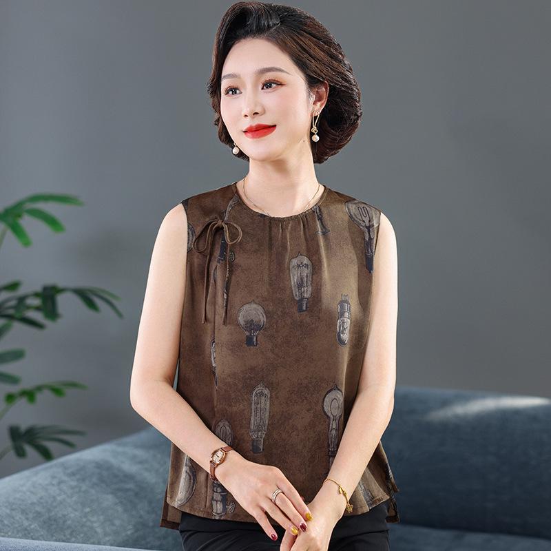 2026 Summer French Retro Loose Casual Imitation Silk Printed Sleeveless Vest for Middle-aged and Elderly Women
