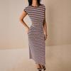 Robe Longue Décontractée Mode à Rayures Multicolores Ajustée à Col Rond Manches Courtes pour Dames