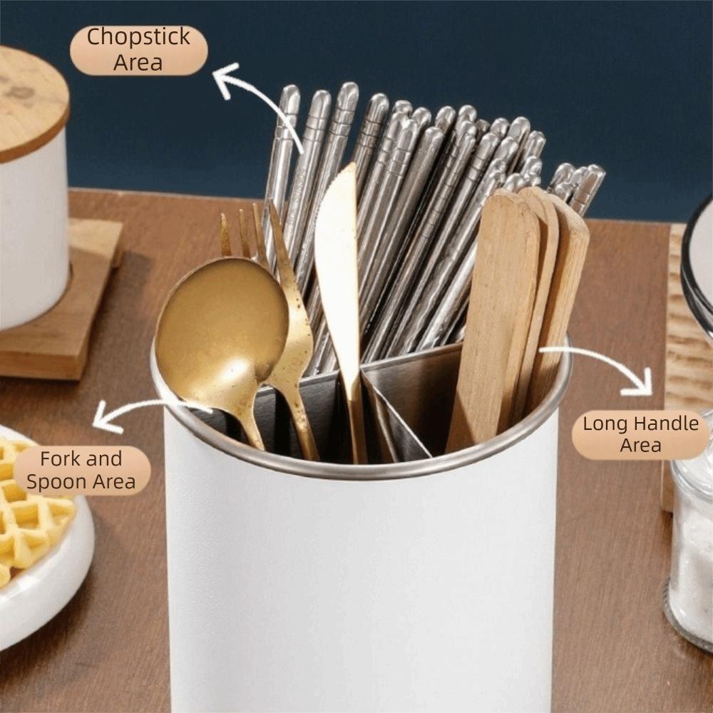 Stainless Steel Rotating Chopstick Tube Detachable Large Capacity Tableware Storage Bucket 3 Divided Space Saving Cutlery Holder