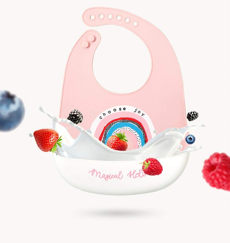 Silicone Bib Baby Mealtime with Catches and Rabbit [KAGAWA] Apron, 3D, Sleeveless, Washable, Pockets, Spills! (Rainbow Design)