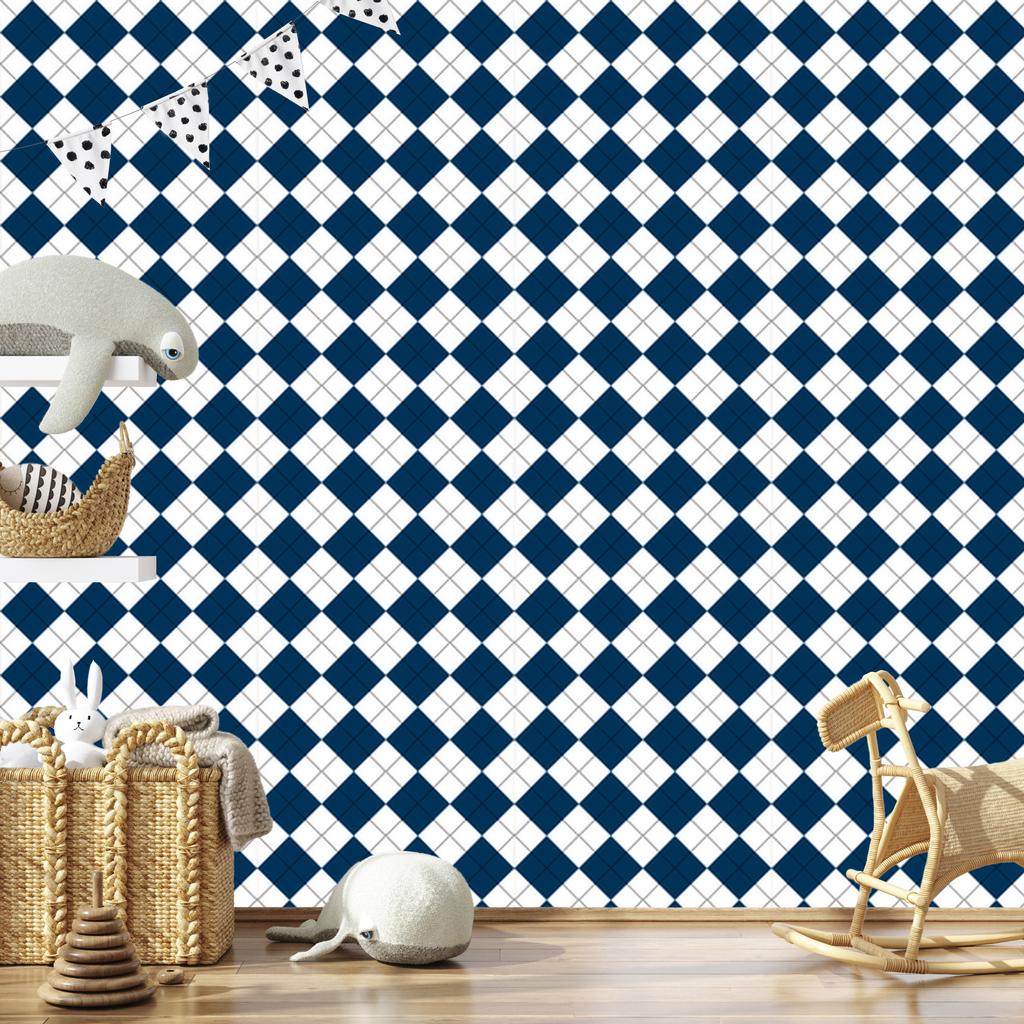 Basic Retro Checkered Wallpaper Navy Blue and White 50x1000