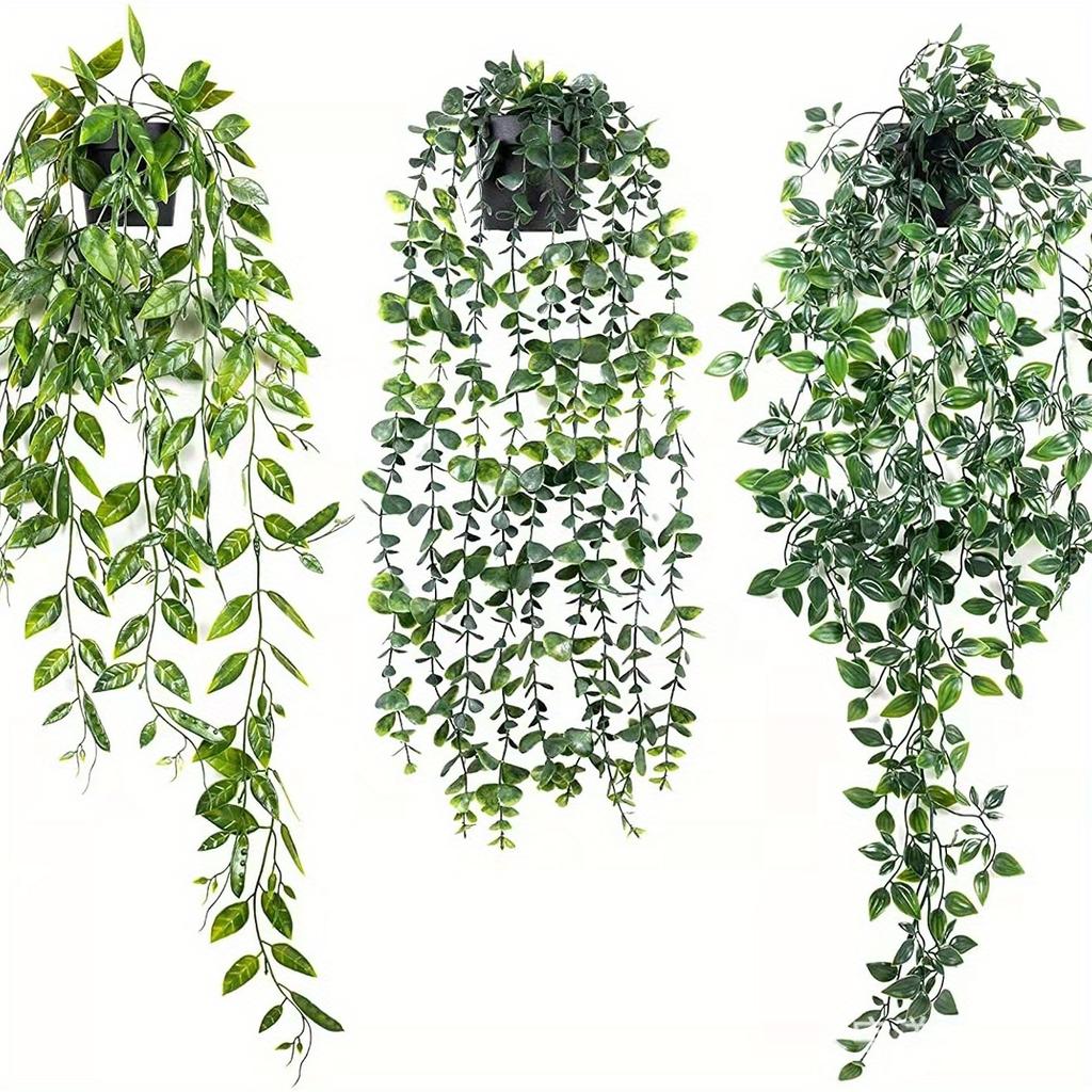 3pcs Artificial Hanging Potted Plants, Fake Hanging Eucalyptus Vine, Mandala Vine and Pea Pods with Pots, Indoor Outdoor Hanging Decor