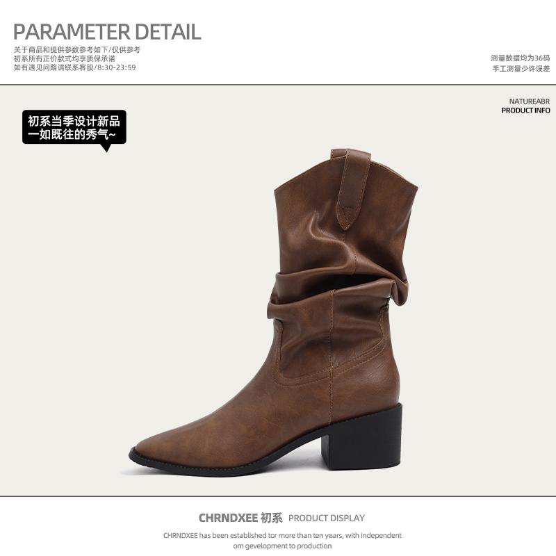 

Lan Cabinet Edition~ Frosted Suede V-mouth Western Cowboy Boots Women s Retro Wind Middle Boots High Heel Sleeve Stacking Boots 39 коричневый