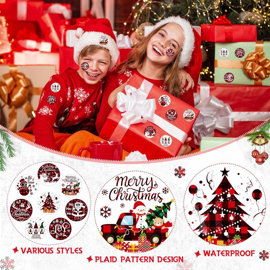 500 Stück Rollenaufkleber Lustiges Frohe Weihnachten Etikettenrolle Runde Weihnachtsaufkleber Weihnachtsmann LKW Schneemann Rentier Karo Umschlagaufkleber