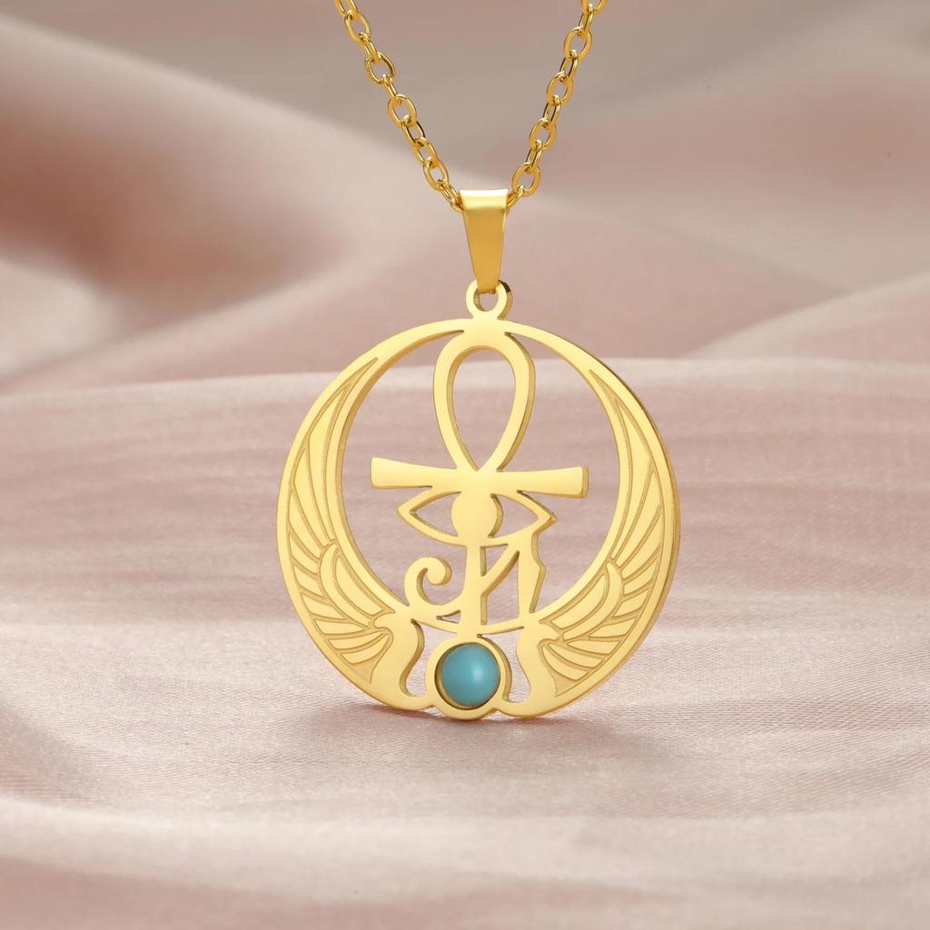 Ancient Egyptian Symbol Horus Eye Pharaoh Protection Amulet Talisman Pendant Necklace Blue Rhinestone Men Women Stainless Steel Chains Jewelry Gifts