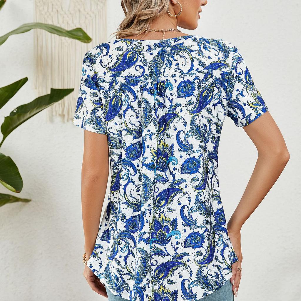 Letni damski T-shirt ze sznurkiem, guzikiem, luźny, z nadrukiem, jaskółczy ogon, krótki rękaw