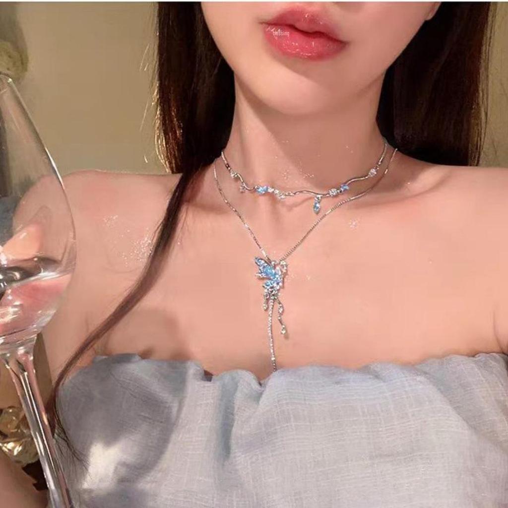 Exquisite Blue Crystal Butterfly Double-Layer Necklace for Women - 2025 High-End Design