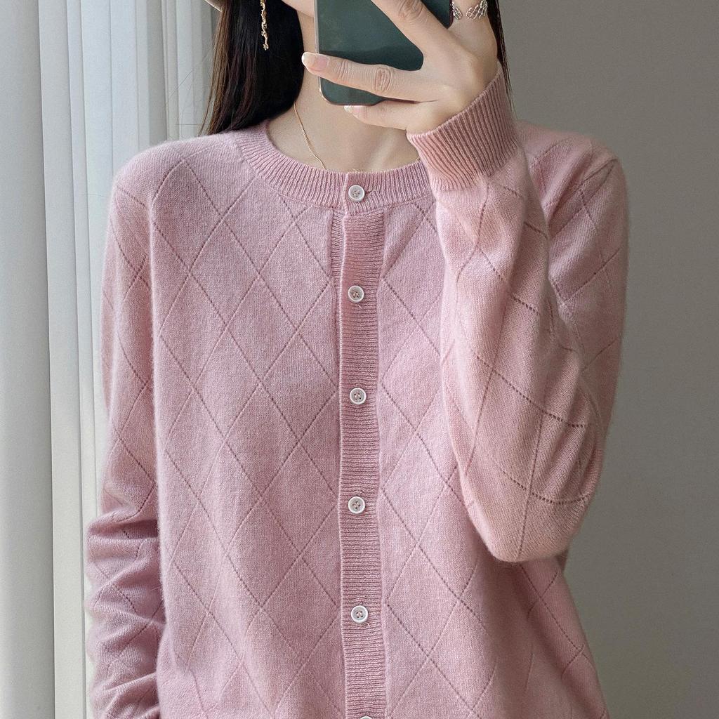 Women's 100% Wool Round Neck Cardigan - Autumn/Winter Versatile Short Sweater Coat