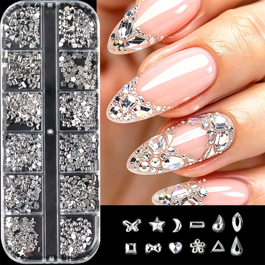 Xiaomi 12 Grids Silvery Rhinestones Nail Charms Butterfly Bow Star Moon Heart Triangle Crystal Gems 3D Nail Art Decorations Accessories