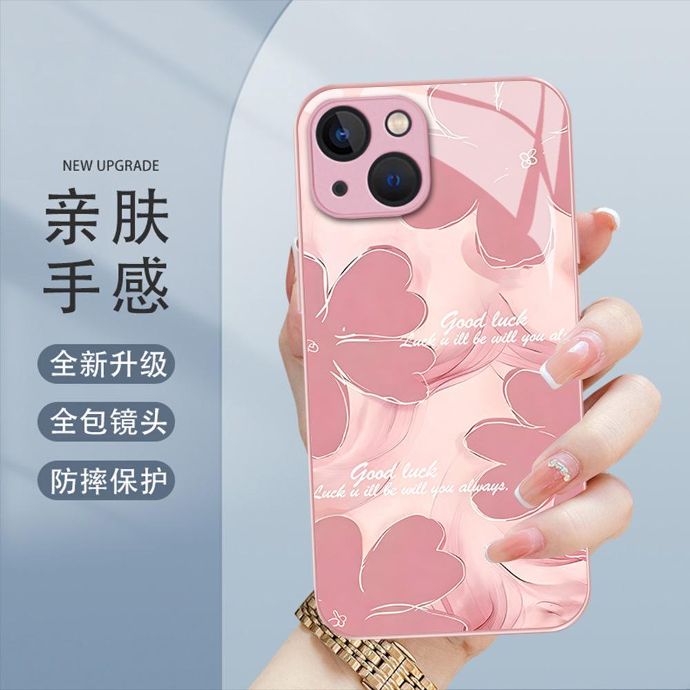 Isn't wind pink smudged English flower glass mobile phone case iPhone11 high value protective case Apple 17Pro