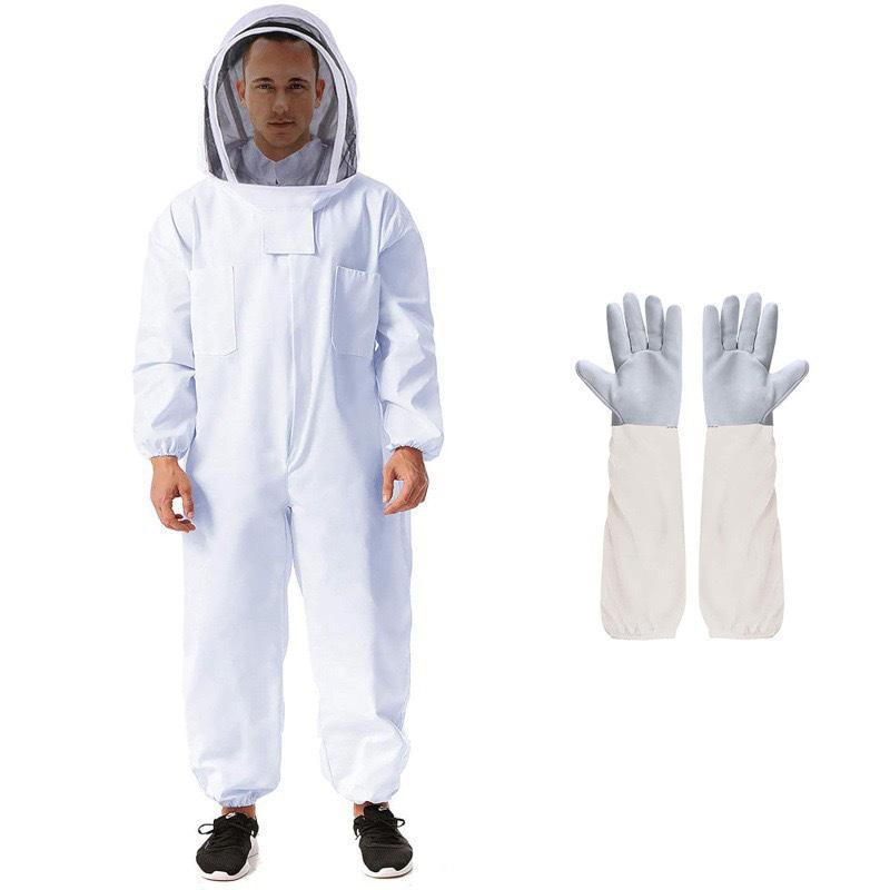 White Beekeeping Suit Set with Sheepskin Gloves - Thickened Full Body Protection White Spacesuit with Gloves L