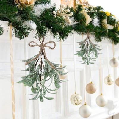 Artificial Mistletoe Branch Christmas Hanging Faux Mistletoe Ornament with Bow Glitter Leaves Simulated Mistletoe Branch for Garland Bouquet Door