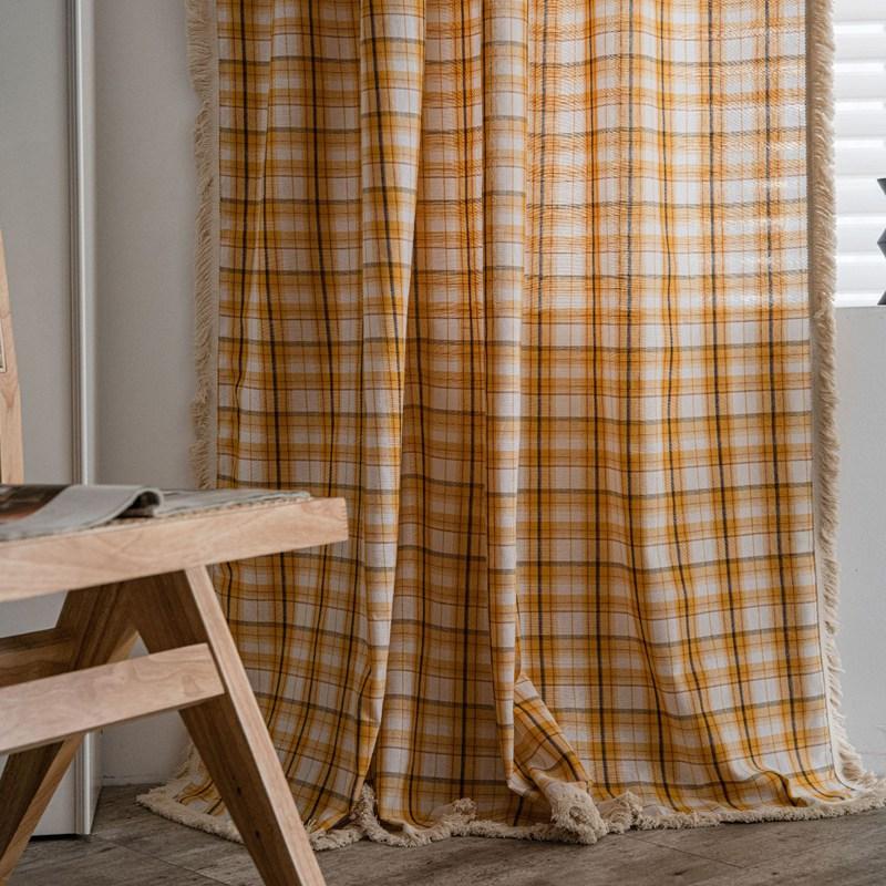 American Style Cotton Linen Plaid Curtains Bedroom Curtains with Tassel Semi-shading Kitchen Valance Drapes for Living Room