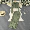 Three-Piece Suit Women's Autumn Halter Neck Small Suspenders Long-Sleeved Cardigan Shirt High Waist Slit Long Skirt