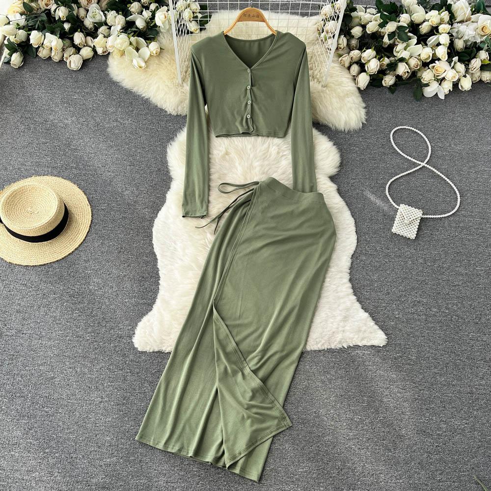 Three-Piece Suit Women's Autumn Halter Neck Small Suspenders Long-Sleeved Cardigan Shirt High Waist Slit Long Skirt