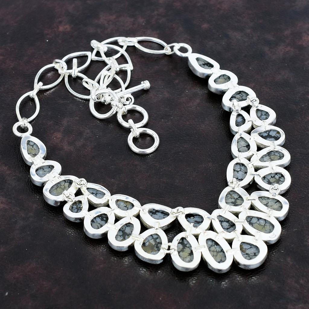 Piatra prețioasă Obsediană Fulg de Nea Lucrată Manual Argint Sterling 925 Bijuterii Colier 18" AMN-670