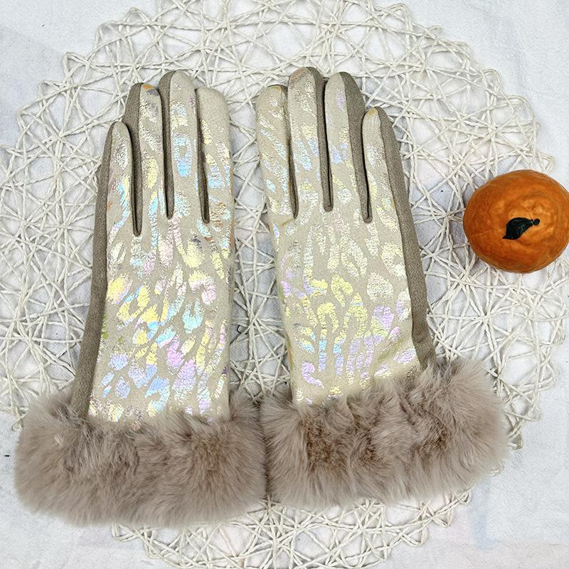 Gloves Women'S Warm Fleece Thickened Cute Cycling Gloves Touch Screen Leopard Print Hair Mouth Gloves