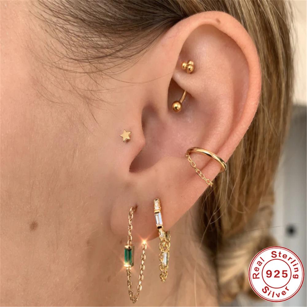 Suivez la tendance S925 Argent Sterling Chaîne simple Chaîne Boucles d'oreilles puces Zircon carré fin Écouteurs fins