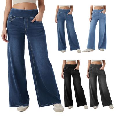 Damen High Waist Locker Elastisch Weiter Bein Jeans Lang