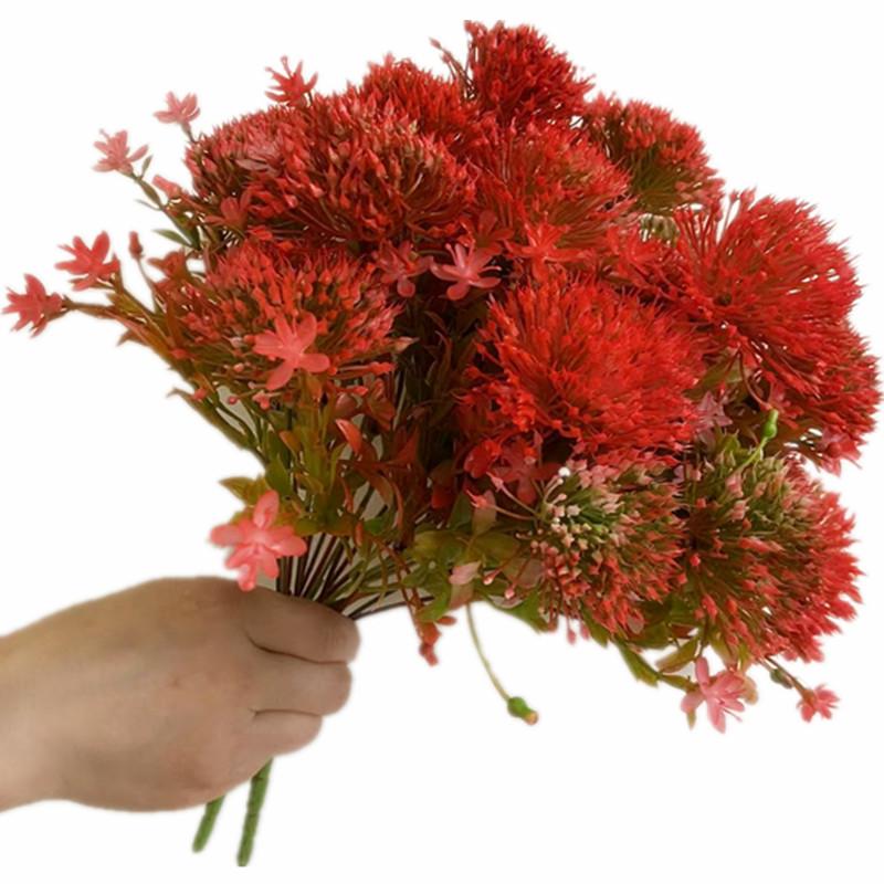 One Faux Red Leucospermum Flower Bunch 5 Heads Artificial Dandelion Stem for Wedding Centerpieces Floral Decoration