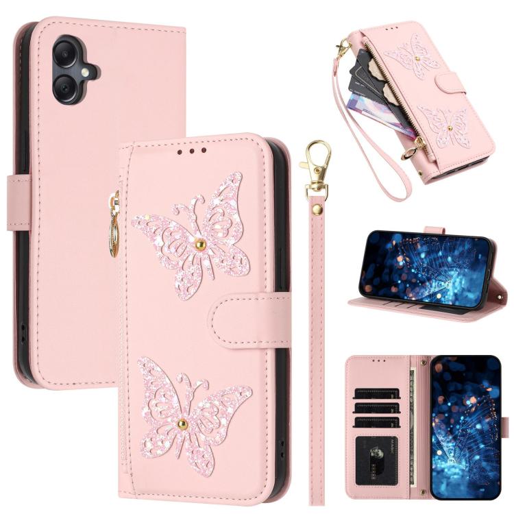 Glitzer Schmetterling Reißverschluss Veganes Leder Handyhülle Für Galaxy A07 4G / A06 5G / A06 4G, Kartenhalter Handgelenkschlaufe Stoßfeste Hülle