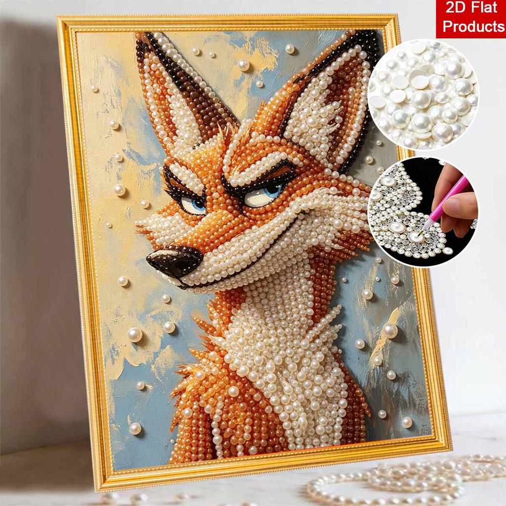 5D Pearl Painting Kit Framed with Clever Fox Portrait Sparkling Bead Art Canvas DIY Relaxing Craft for Wall Decor Gift Set Home Art