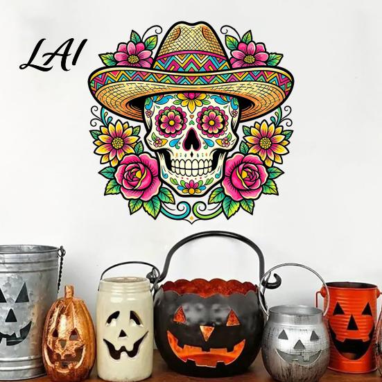 Waterproof Outdoor Glass Decorations Flower Skull Wall Sticker Day of The Dead Decorative Stickers Decals PVC Removable for Windows Doors Easy Peel