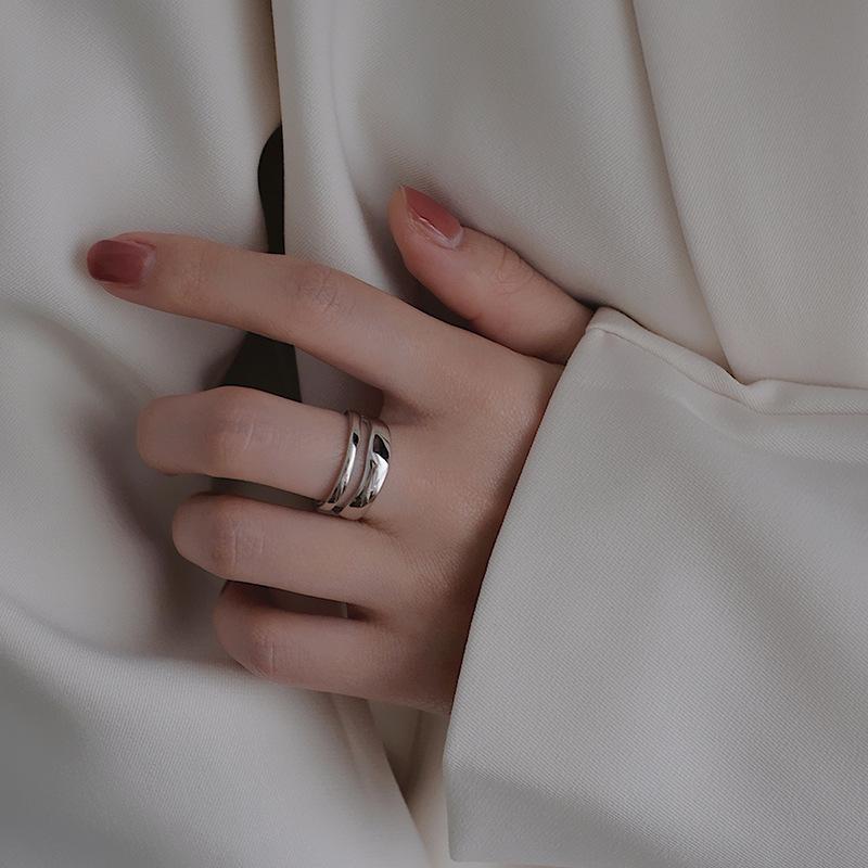 Bague de doigt ouverte vintage pour femme à double couche géométrique de style coréen plaquée argent S925
