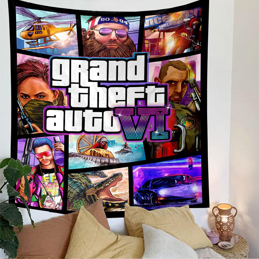 GTA VI Tapestry Wall Hanging, Grand Theft Auto 6 Poster Art, Gamer Wall Decor for Bedroom Living Room Dorm