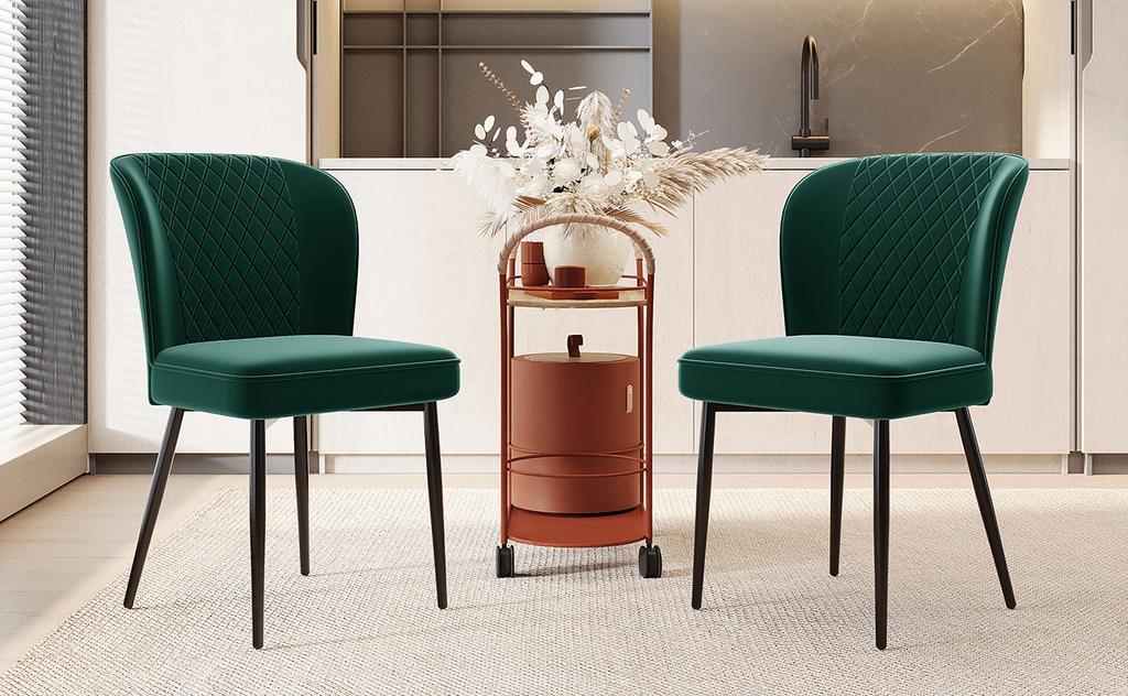 Dining Chair (2 Pcs), Dark Green, Upholstered Chair Design Chair with Backrest, Seat Made of Velvet Frame Made of Metal