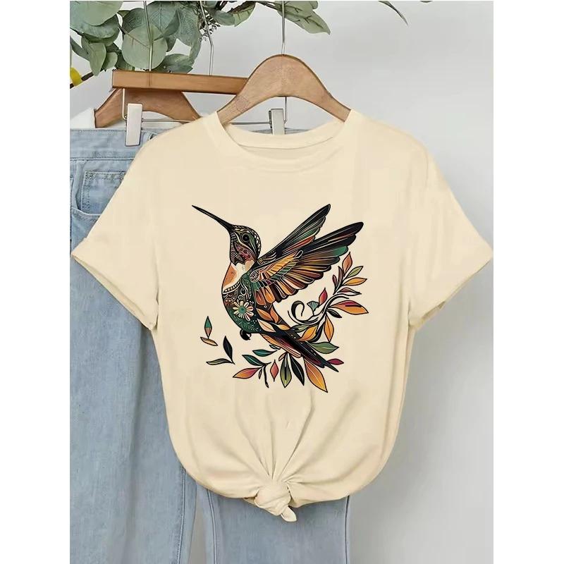 Vibrant Hummingbird Print Short Sleeve T Shirt Women's Colorful Floral Design Causal T-shirt Clothes Graphic Vintage Tees Tops