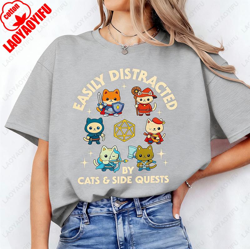 Easily Distracted By Cats And Side Quests Cotton Shirt D20 Side Quest Master Tshirt Dungeon Cat Lovely Printed Man Women Tee S