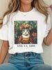 Tops Women Clothes Letter & Cat Print Casual Crew Neck Short Sleeve T-Shirt Casual Y2k Top Wom