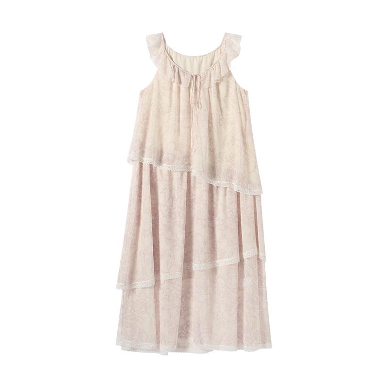 GREEN BELT Printed Ruffled Lace A-Line Maxi Dress M