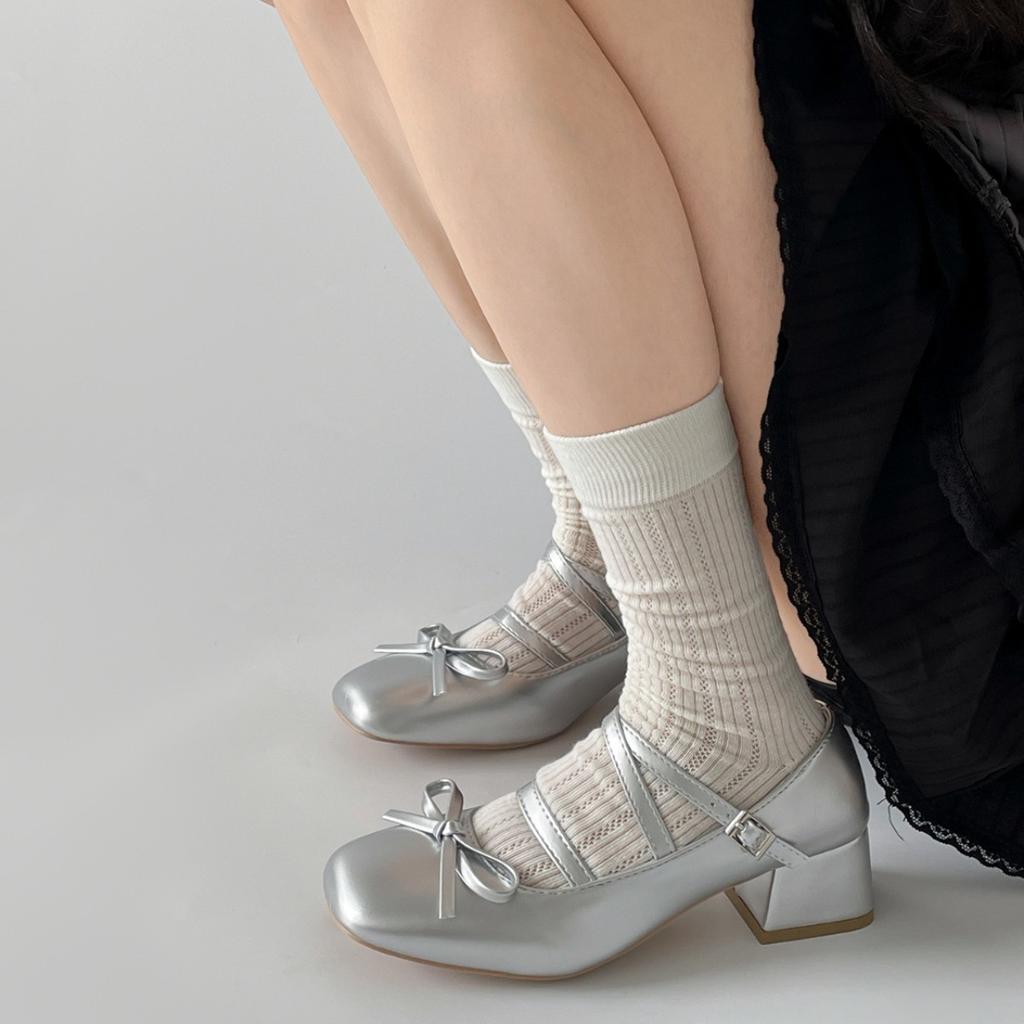 Silver French square head thick high heel light mouth single shoes women's summer 2025 new soft sole with skirt ballet Mary Jane shoes