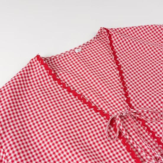 Dámská košile s dlouhým rukávem a výstřihem do V, šněrovací kardigan, kostkovaný tisk, vzor se srdíčky, volný střih, top s kapsami, streetwear