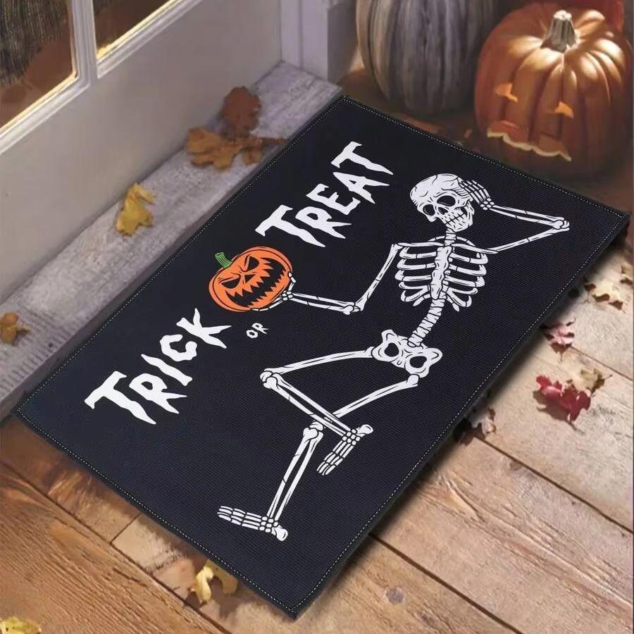 Halloween Skeleton Rug Trick or Treat Doormat Indoor Outdoor Entrance Welcome Floor Mat Holiday Ambiance Home Decoration
