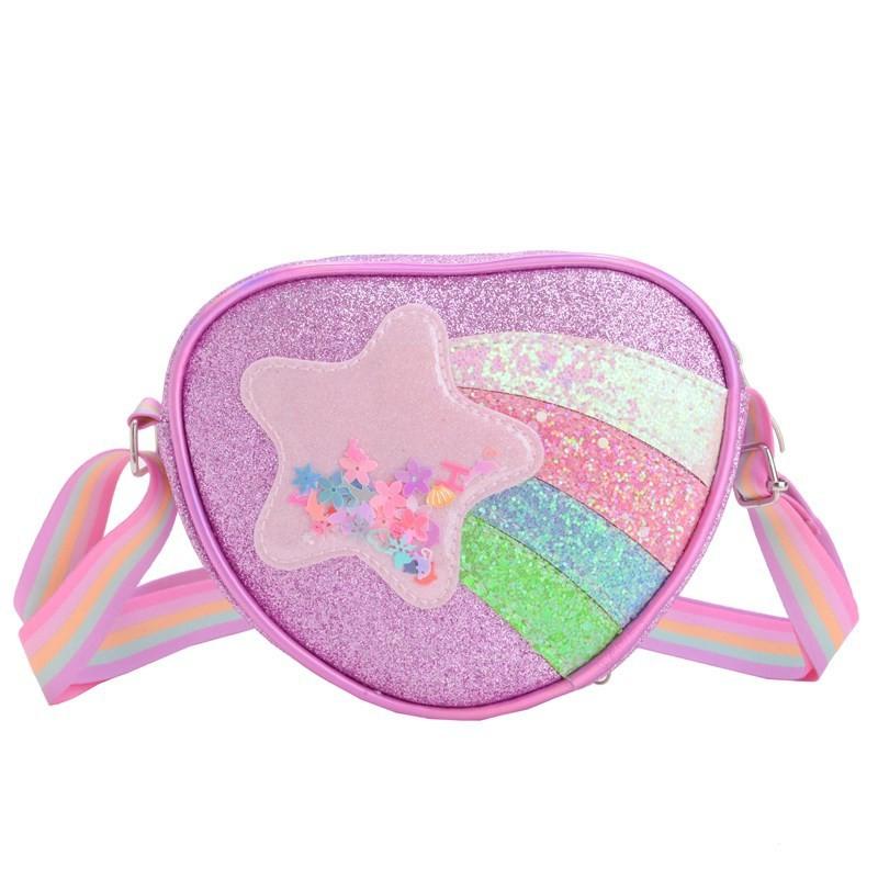 Trendy Shimmering Heart Kids Crossbody Bag In Soft Pink And Rainbow Colors