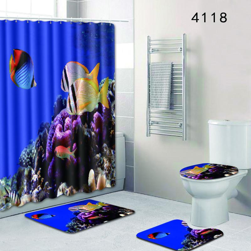 Undersea Landscape Bathroom Shower Curtain Floor Mat Toilet Cover Foot Pad Four-Piece Pattern Size Fixed Zhi