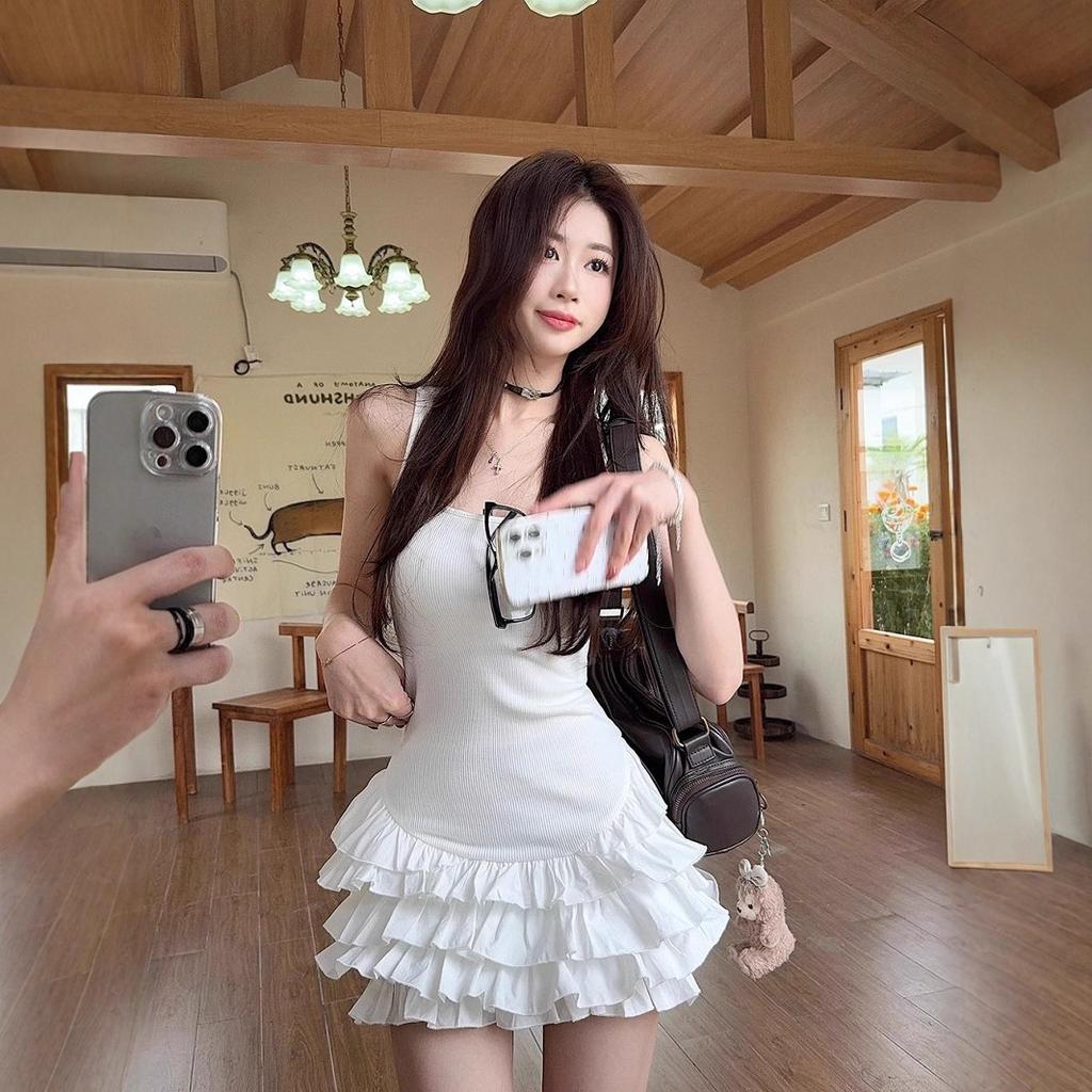 White suspender dress summer new ruffle design splicing thin ballet style a word short